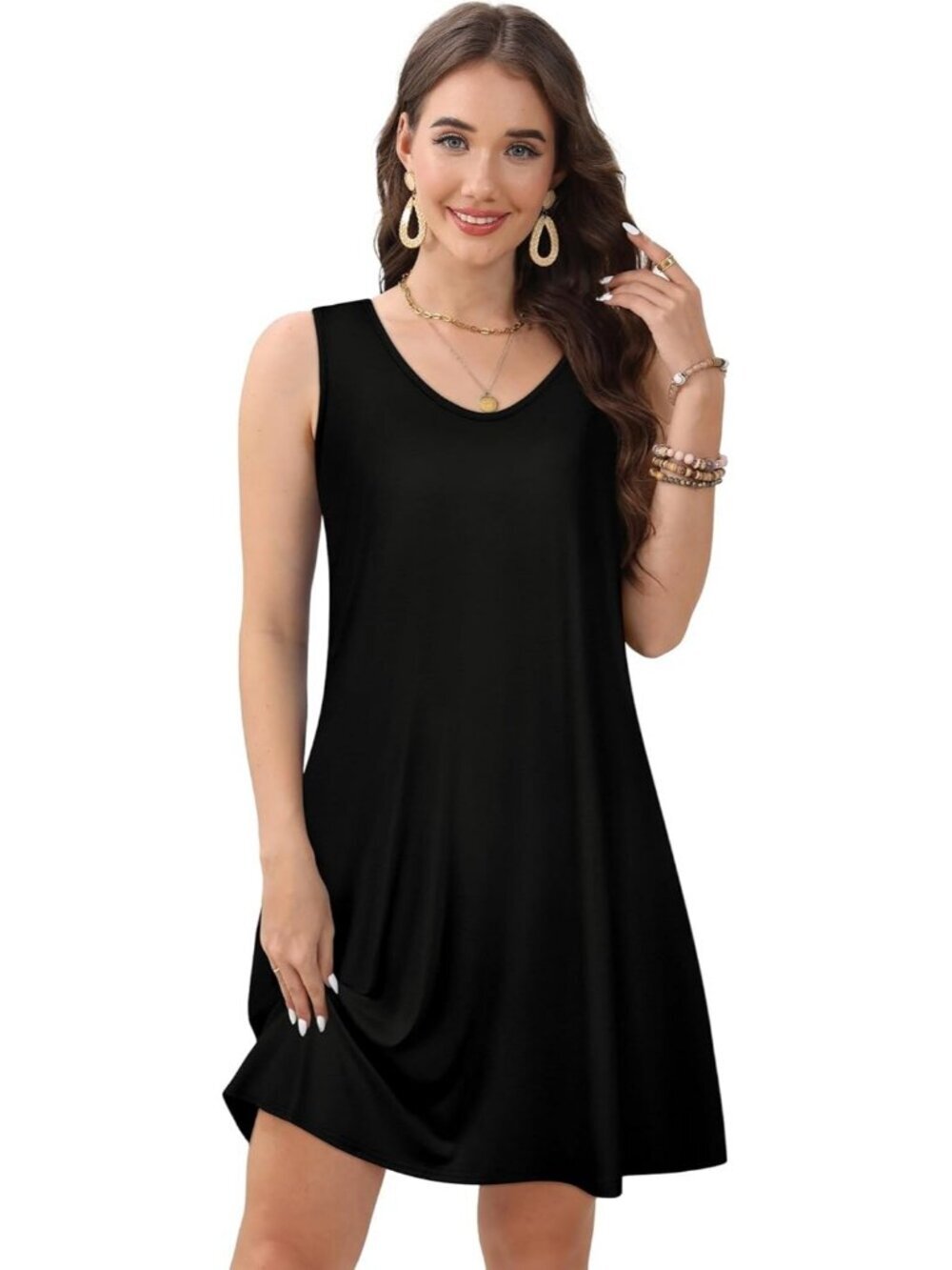 Women's Black Stylish Casual Sleeveless Loose T Shirt V Neck Swing Mini Dress - Picture 5 of 6